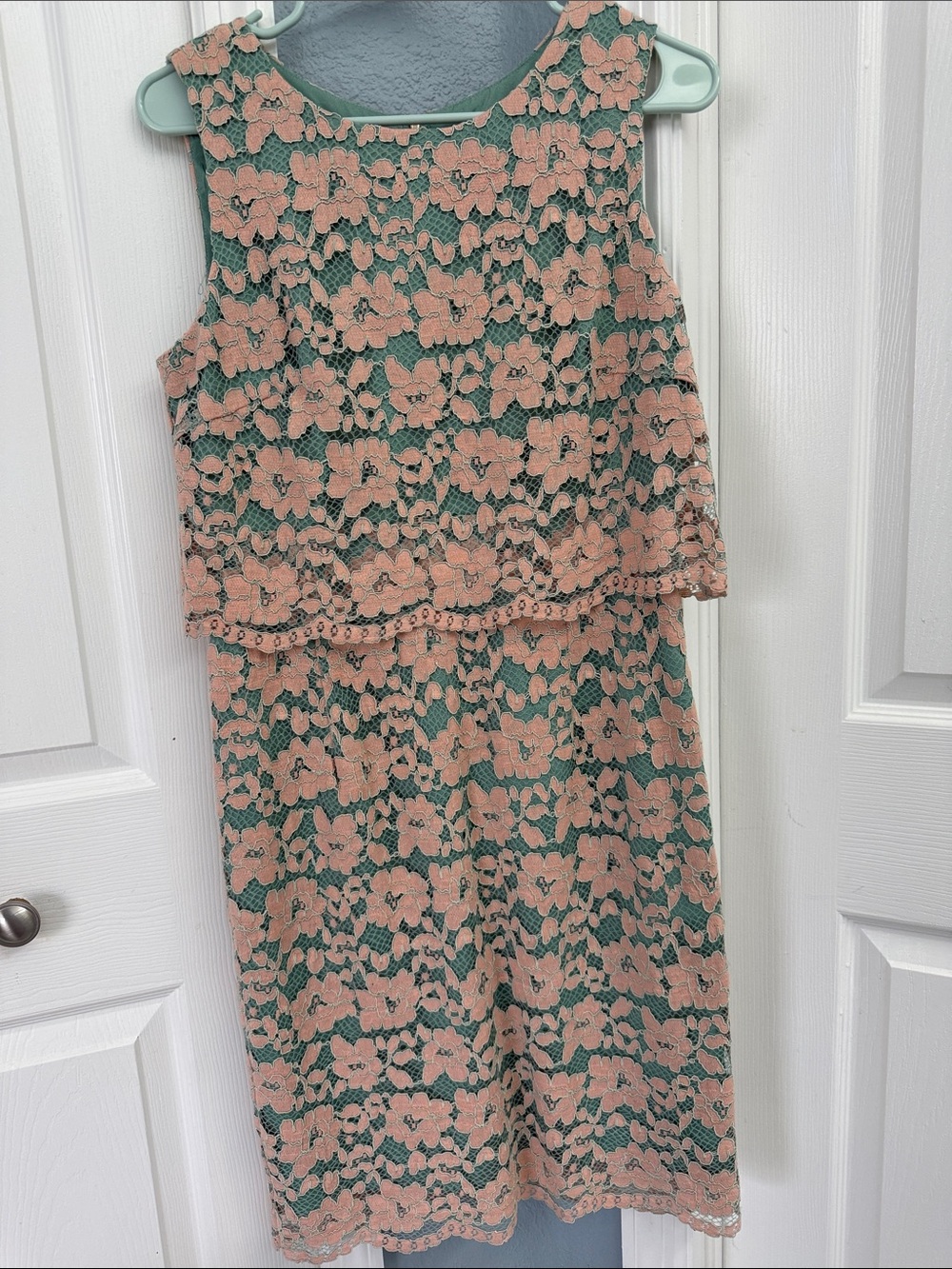 Everly Women's Pink Lace Overlay Dress with Green Underlay size medium